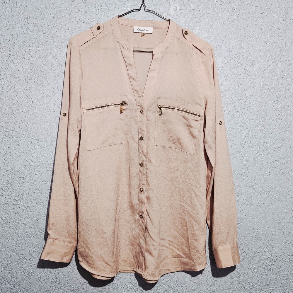 Calvin Klein Womens S Blush Pink Button-Up Blouse Gold Accent Buttons & Zippers